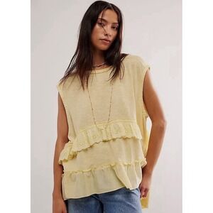 Free People Claire Tee Tunic Top Eyelet Embroidered‎ Ruffle Tiered Yellow MEDIUM